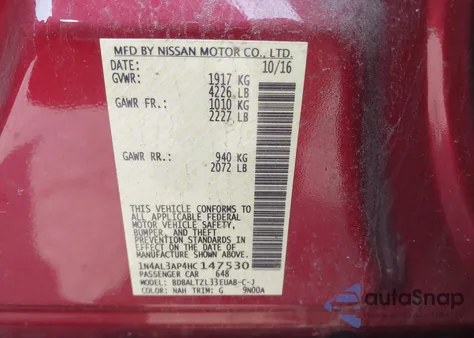 2017 Nissan Altima 2.5 Sl from USA, damaged, VIN 1N4AL3AP4HC147530